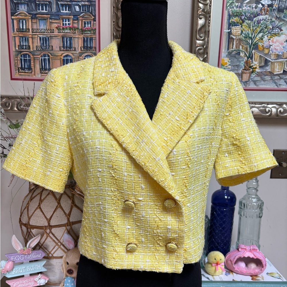 Versona Yellow Textured Tweed Cropped Double-Breasted Blazer Jacket Size M - Picture 2 of 11
